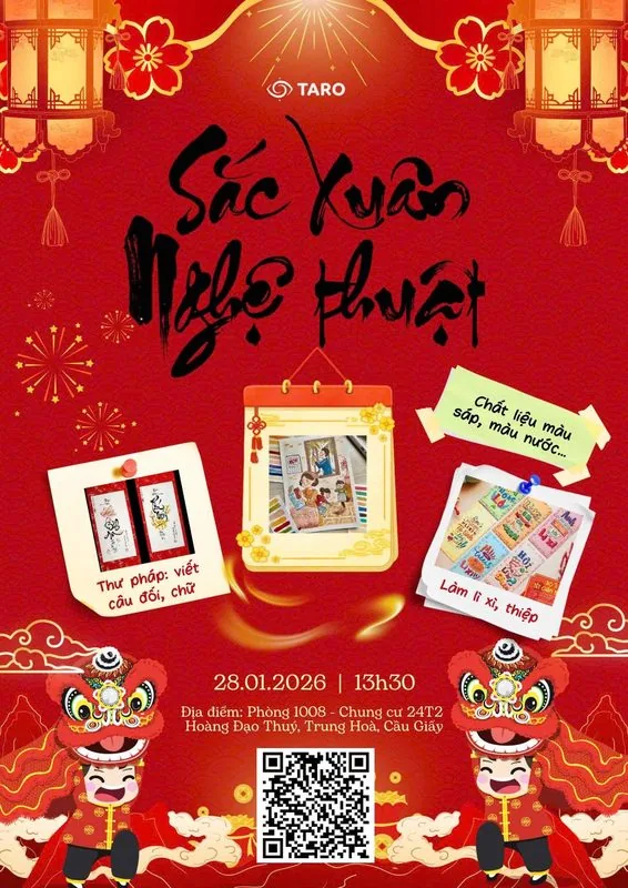 Poster workshop Sắc Xuân Nghệ Thuật: thư pháp viết câu đối, làm lì xì và thiệp Tết